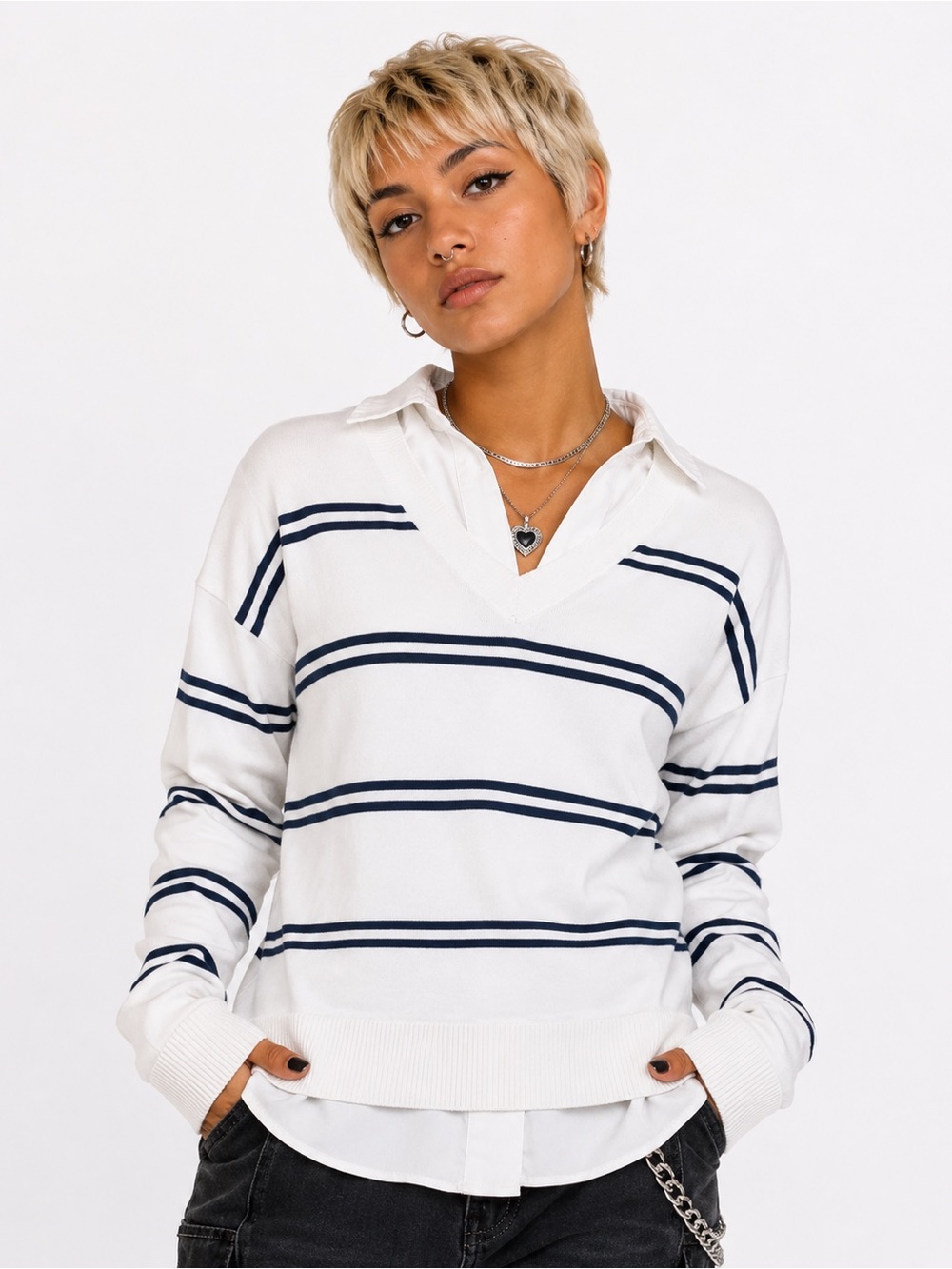 Hilary Radley Cream V-Neck Striped Layered Pullover NWT